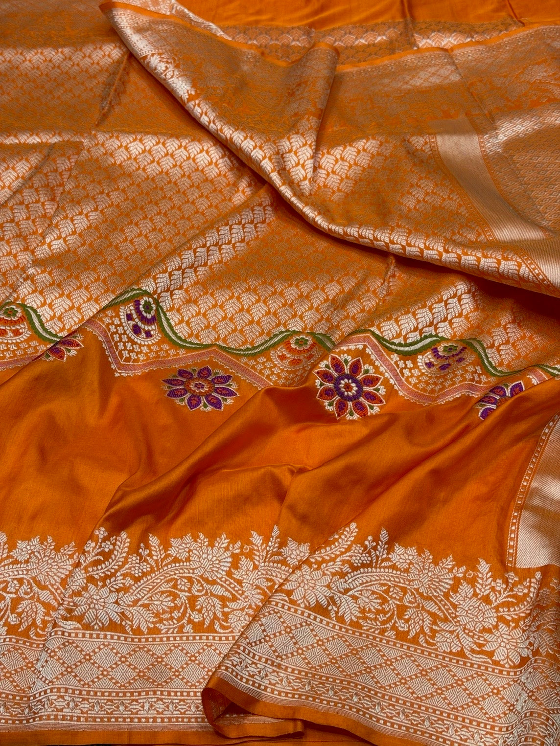 Orange Handwoven Pure Banarasi Silk Saree in Kadwa Weave | Authentic Katan Mulberry Silk