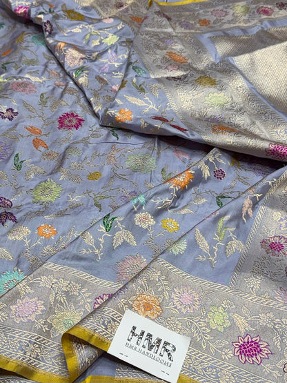 Bluish Grey Handwoven Pure Banarasi Silk Saree