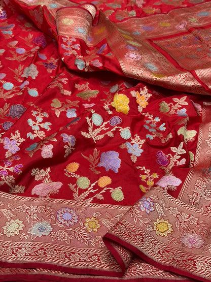 Red Handwoven Pure Banarasi Silk Saree in Kadwa Weave – Katan Mulberry Silk