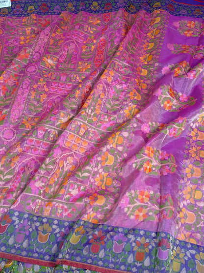 Gajiri Pink Banarasi Pure Kora Jamdani Saree
