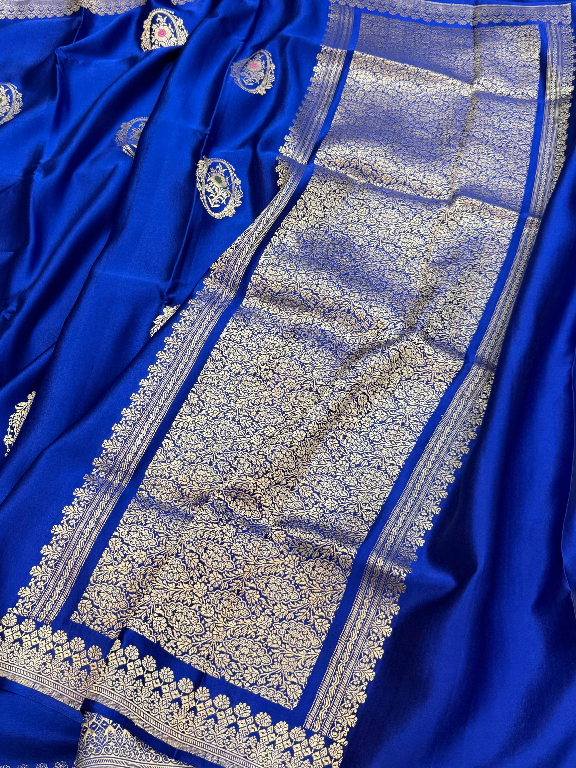 Royal Blue Handwoven Pure Mashru Banarasi Satin Silk Saree – Kadwa Weave | Authentic Banaras Handloom