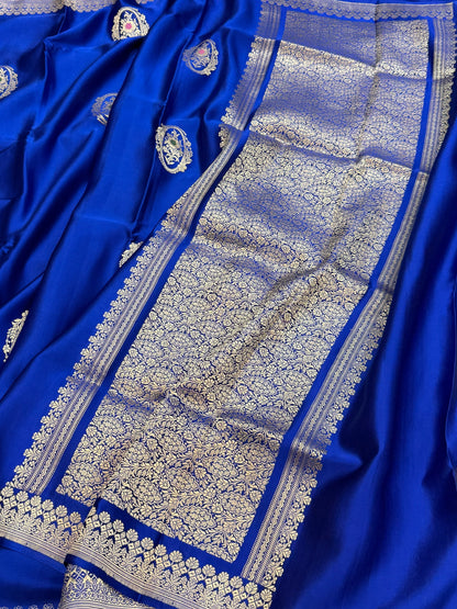 Royal Blue Handwoven Pure Mashru Banarasi Satin Silk Saree – Kadwa Weave | Authentic Banaras Handloom