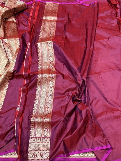 Maroon Handwoven Pure Banarasi Silk Saree in Kadwa Weave – 100% Katan Mulberry Silk