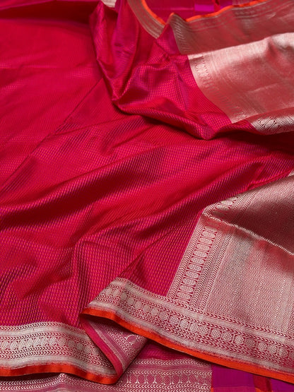 Red Handwoven Pure Banarasi Satin Tanchoi Silk Saree – Kadwa Weave | Authentic Banaras Handloom