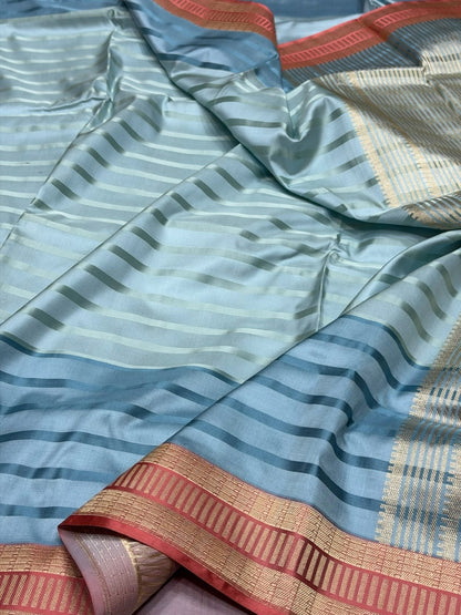 Ash Grey Handwoven Banarasi Pure Satin Tanchoi Silk Saree