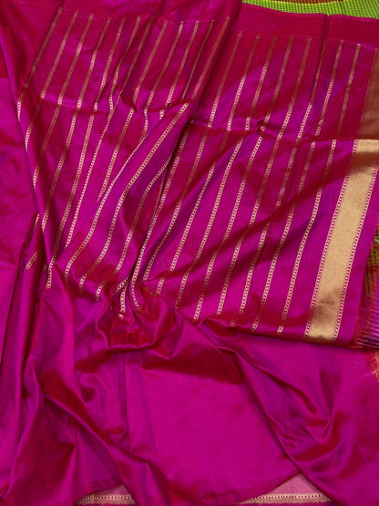Parrot Green Handwoven Pure Banarasi Ektara Silk Saree – Kadwa Iktara Weave, Rani Pink Skirt Border Pure Mulberry Silk