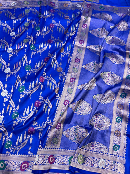 Royal Blue Banarasi Minakari Pure Katan Silk Saree | Pure Silk | Minakari Work | Cutwork Technique | Banarasi Katan Silk Saree