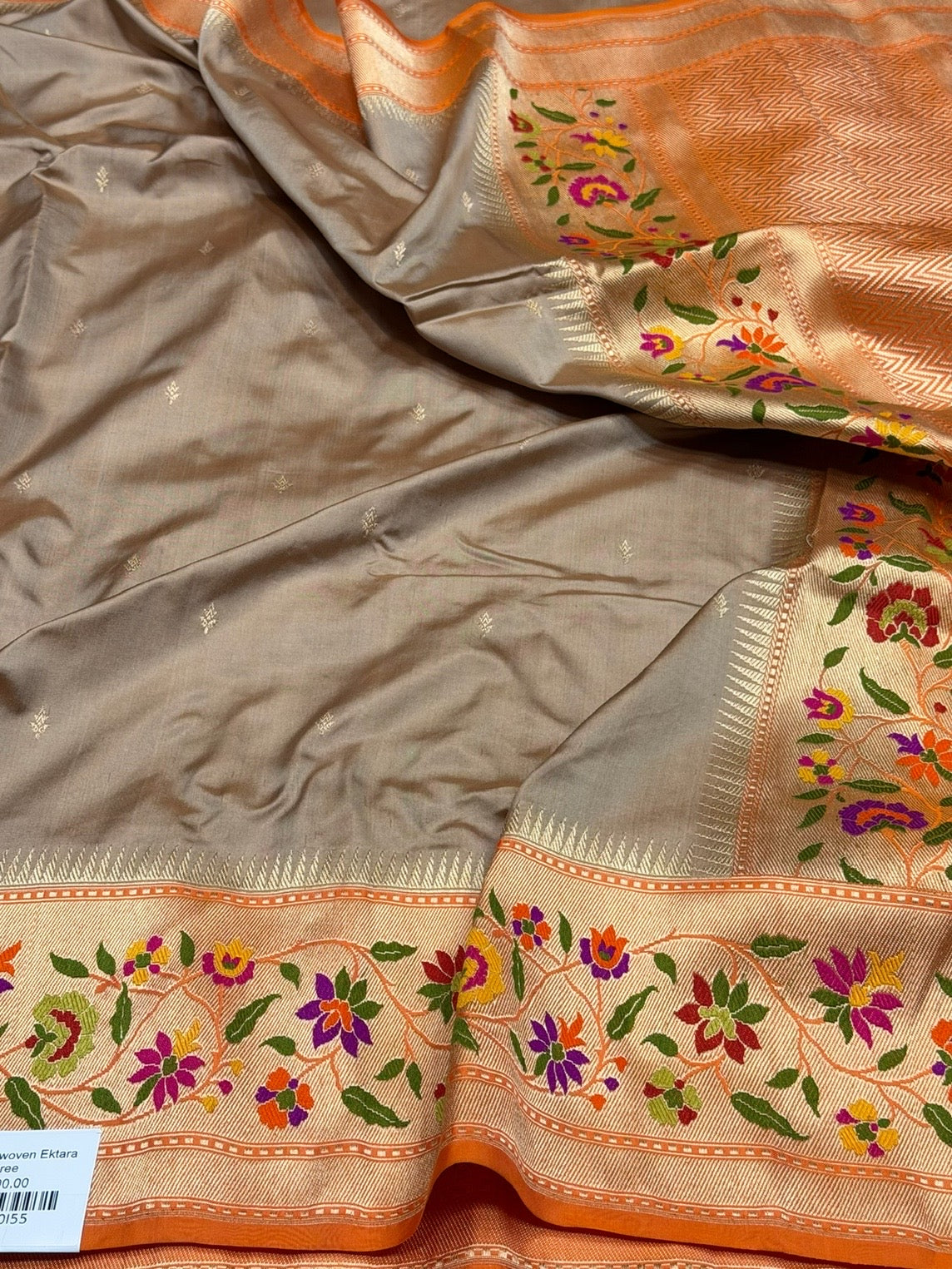 Chiku &amp; Orange Handwoven Pure Banarasi Ektara Silk Saree