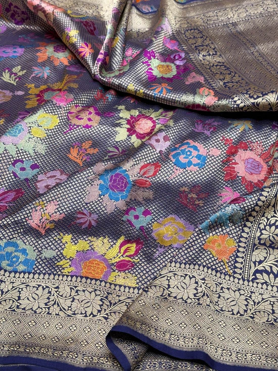 Navy Blue Handwoven Banarasi Pure Silk Brocade Saree | Meenakari Katan Silk