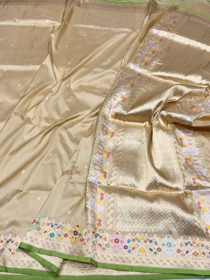 Beige Handwoven Pure Banarasi Silk Saree – Kadwa Katan Mulberry Silk | Authentic Banaras Handloom
