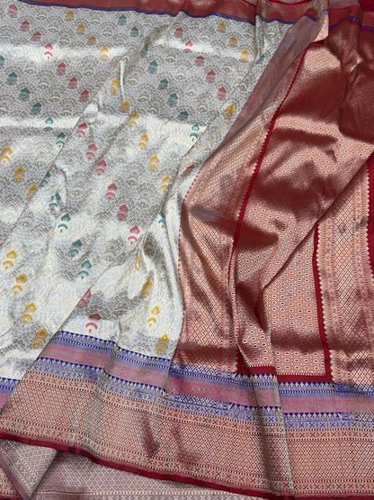 Ivory Pure Banarasi Silk Brocade Saree with Red Satin Border – Katan Silk Elegance