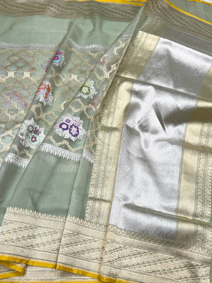 Pastel Green Handwoven Pure Organza Silk Saree