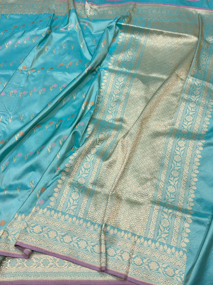 Sky Blue Handwoven Pure Banarasi Katan Silk Saree – Authentic Kadwa Weave