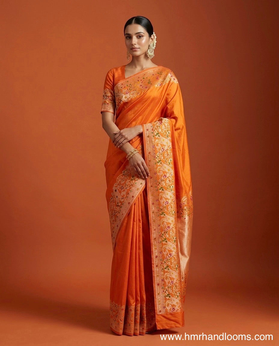 Orange Pure Banarasi Ektara Silk Saree