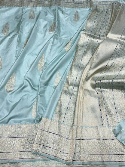Powder Blue Handwoven Pure Banarasi Ektara Silk Saree – Kadwa Weave, Pure Mulberry Silk