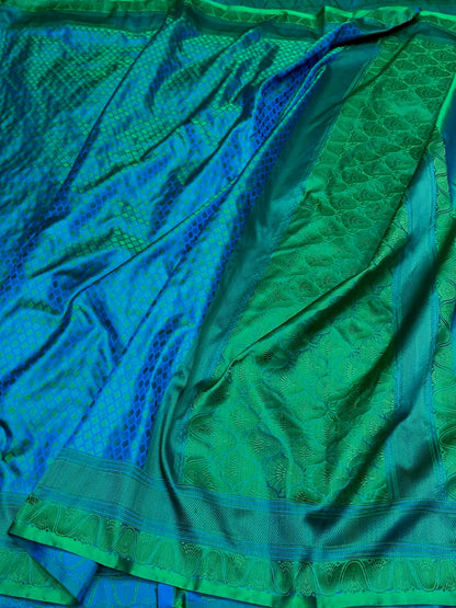 Peacock Green Handwoven Pure Banarasi Satin Tanchoi Silk Saree – Kadwa Weave | Authentic Banaras Handloom