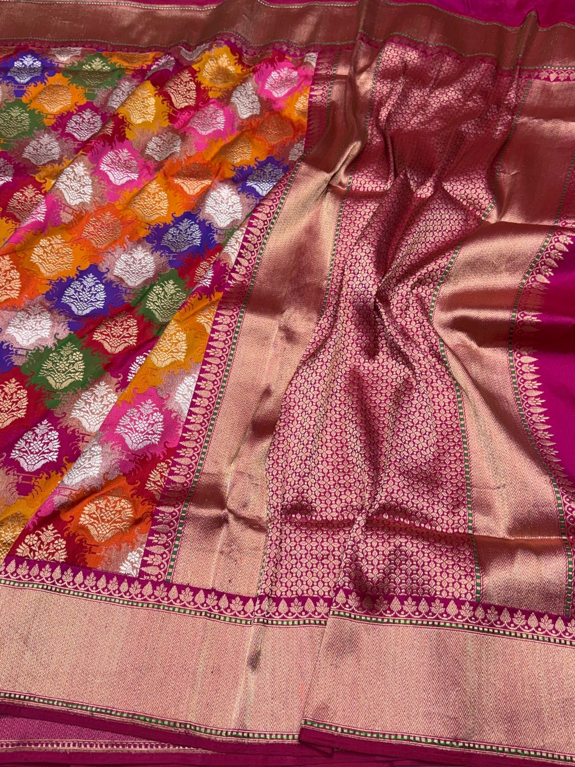 Rani Pink Handwoven Pure Banarasi Rangkaat Silk Saree – Meenakari Design, Pure Katan-Mulberry Silk