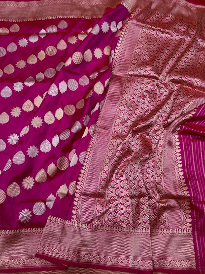 Rani Pink Handwoven Pure Banarasi Silk Saree | Kadwa Katan Mulberry Silk