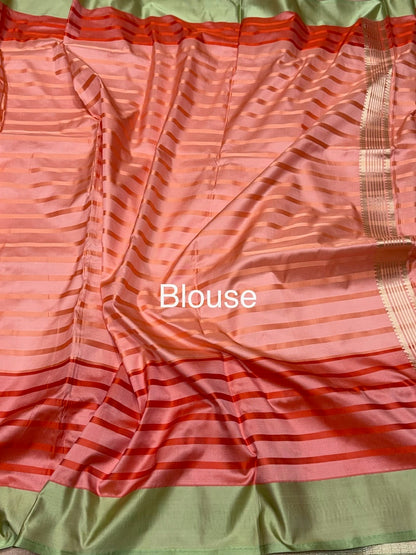 Peach Handwoven Pure Banarasi Satin Tanchoi Silk Saree – Kadwa Weave | Authentic Banaras Handloom
