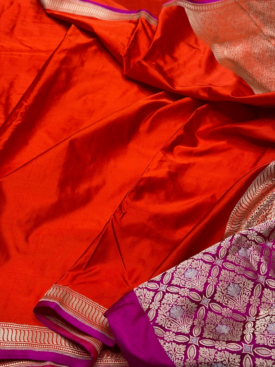 Orange Handwoven Pure Banarasi Mashru Satin Silk Saree – Kadwa Weave in 100% Satin Silk
