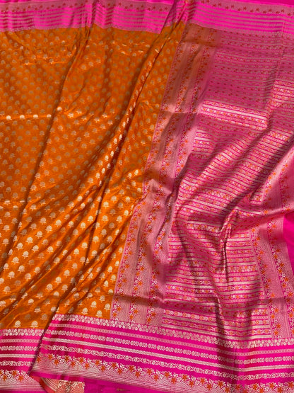 Orange Banarasi Pure Satin Border Silk Saree