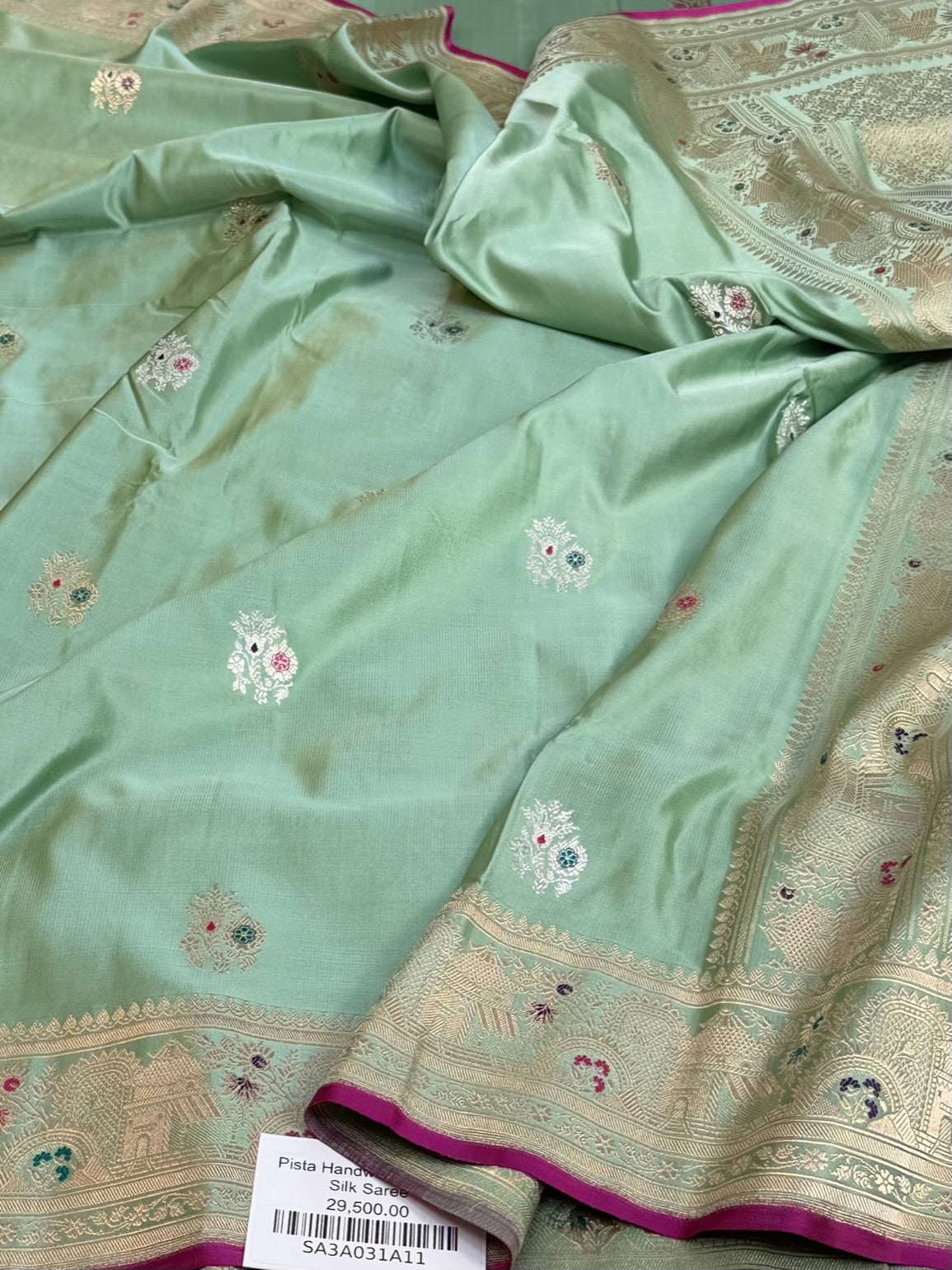 Pista Green Handwoven Banarasi Pure Satin Silk Saree