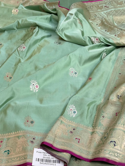 Pista Green Handwoven Banarasi Pure Satin Silk Saree