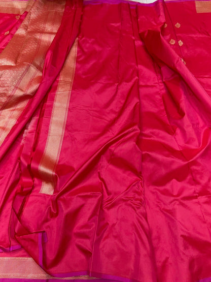 Reddish Pink Handwoven Pure Banarasi Silk Saree in Kadwa Weave | Authentic Katan Mulberry Silk