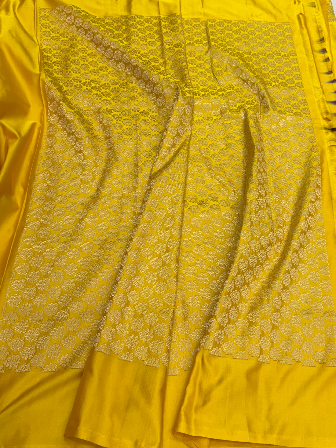 Yellow Handwoven Banarasi Pure Mashru Satin Silk Saree | Pure Satin Silk | Kadwa Weave | Handloom Banarasi Saree