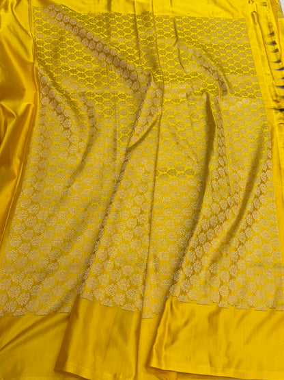Yellow Handwoven Banarasi Pure Mashru Satin Silk Saree | Pure Satin Silk | Kadwa Weave | Handloom Banarasi Saree