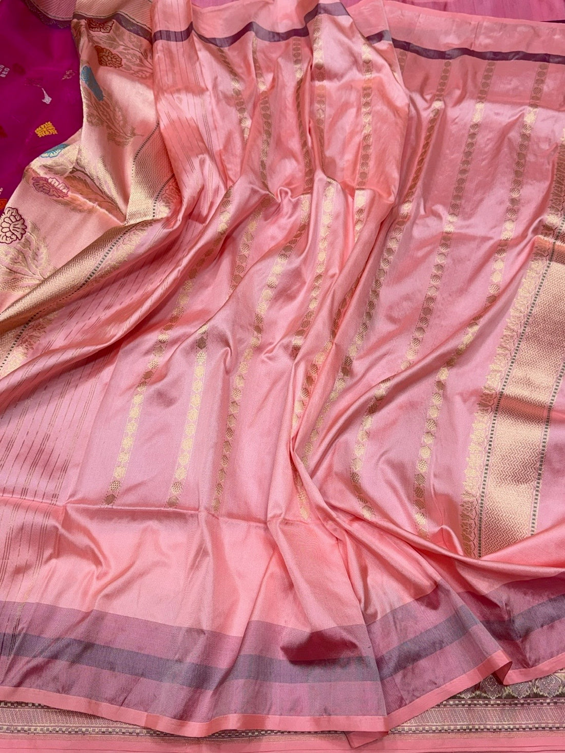 Rani Pink Handwoven Pure Organza Banarasi Silk Saree – Kadwa Weave | Pure Kora–Mulberry Silk Saree