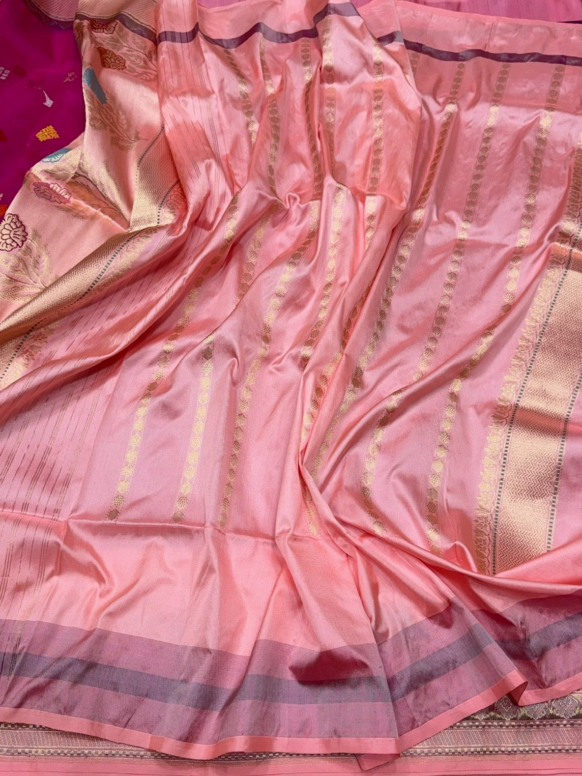 Rani Pink Handwoven Pure Organza Banarasi Silk Saree – Kadwa Weave | Pure Kora–Mulberry Silk Saree