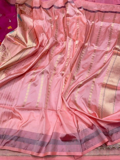 Rani Pink Handwoven Pure Organza Banarasi Silk Saree – Kadwa Weave | Pure Kora–Mulberry Silk Saree