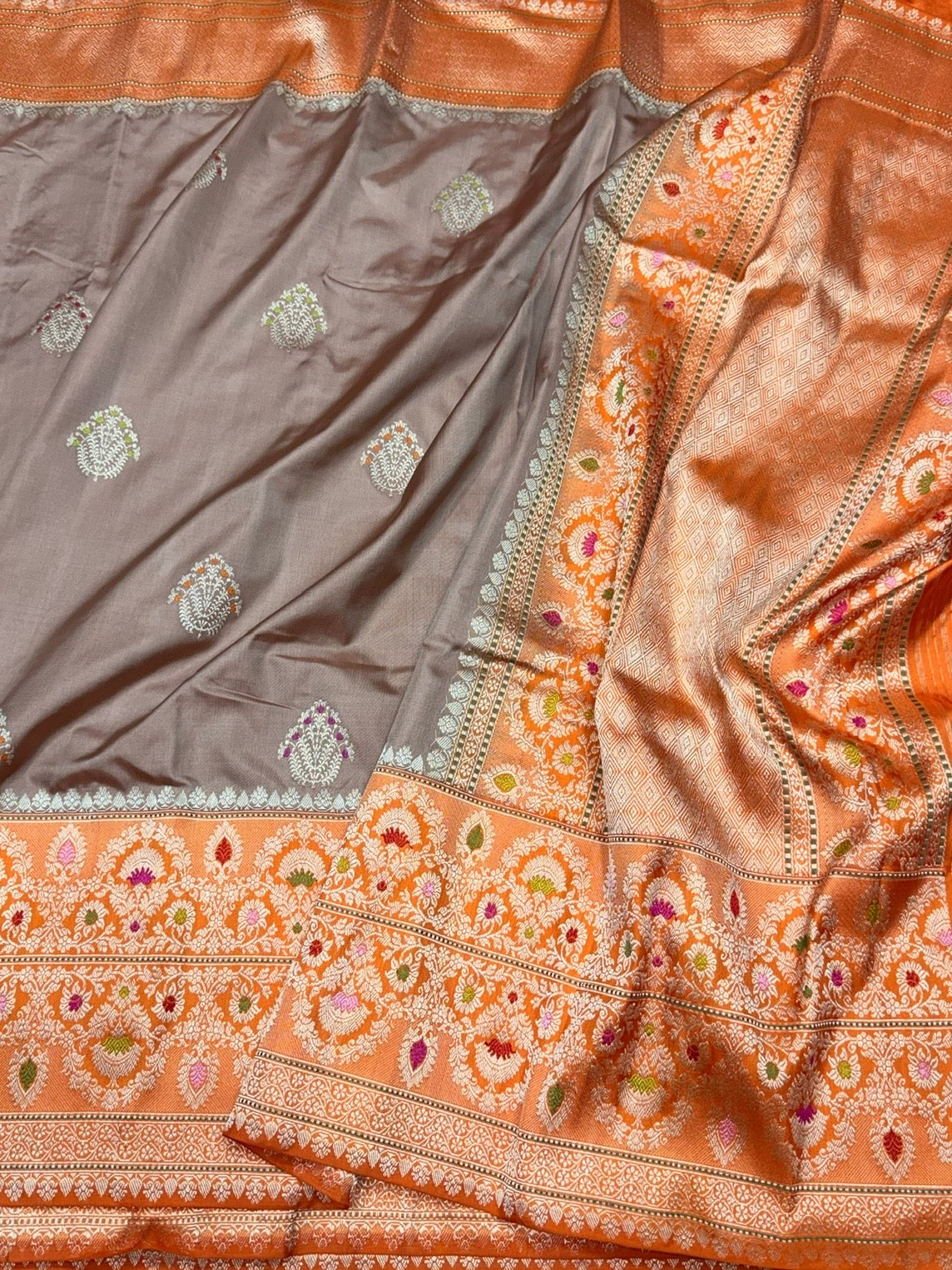 Smoky Grey & Orange Handwoven Pure Banarasi Ektara Silk Saree – Kadwa Iktara Weave, Pure Mulberry Silk