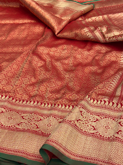 Red Pure Banarasi Silk Brocade Saree in Katan Mulberry Silk – Classic Banaras Weave