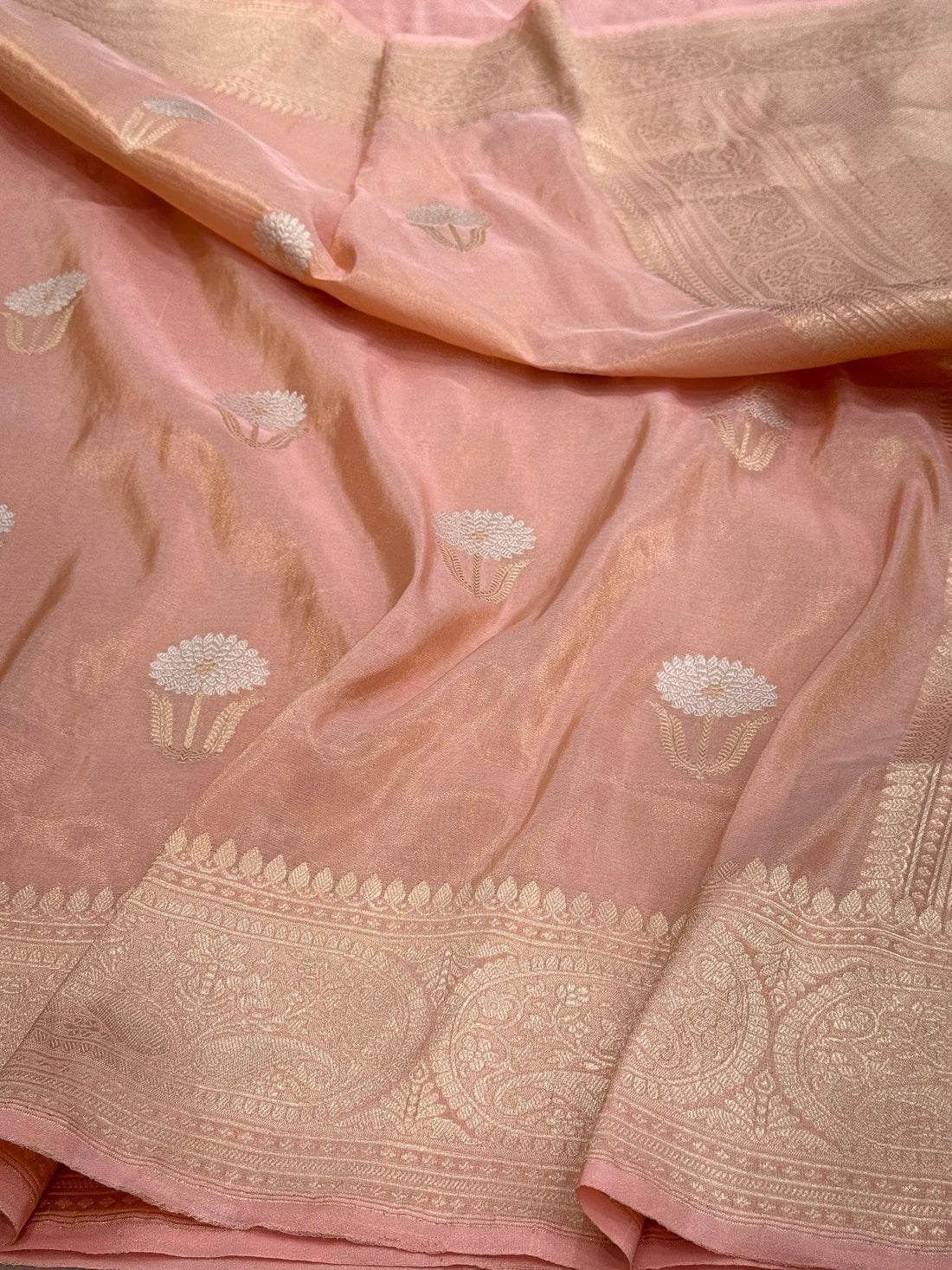 Rose Gold Pink Handwoven Pure Banarasi Tissue Silk Saree – Kadwa Weave | Lightweight Katan-Tissue Silk | Modern Skirt Design