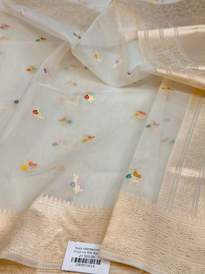 Ivory Handwoven Pure Banarasi Organza Silk Saree