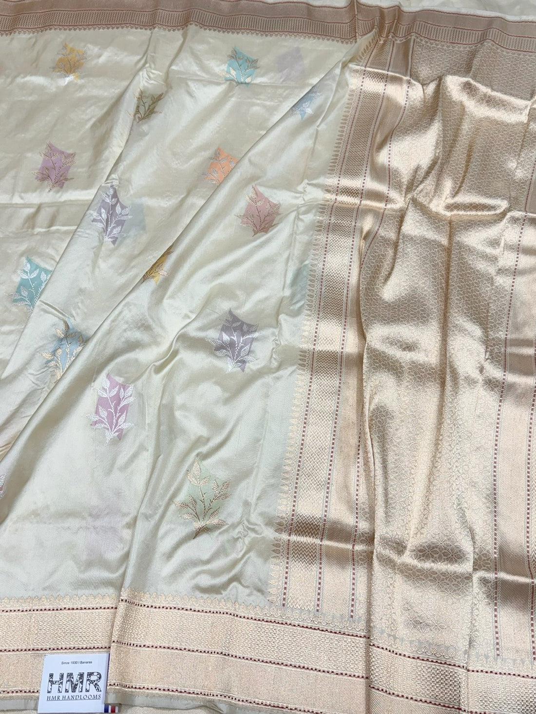 Ivory Handwoven Pure Banarasi Silk Saree in Kadwa Weave | Authentic Katan Mulberry Silk