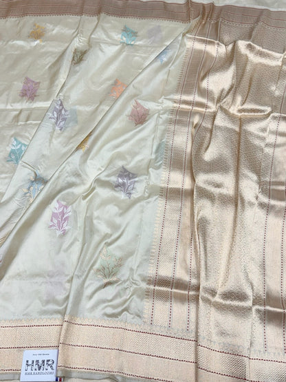 Ivory Handwoven Pure Banarasi Silk Saree in Kadwa Weave | Authentic Katan Mulberry Silk