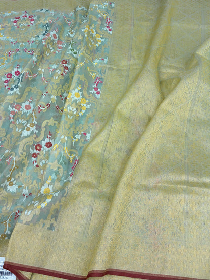 Sage Green Banarasi Pure Kora Jamdani Saree