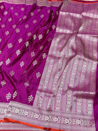 Magenta Pink Handwoven Pure Banarasi Satin Silk Saree
