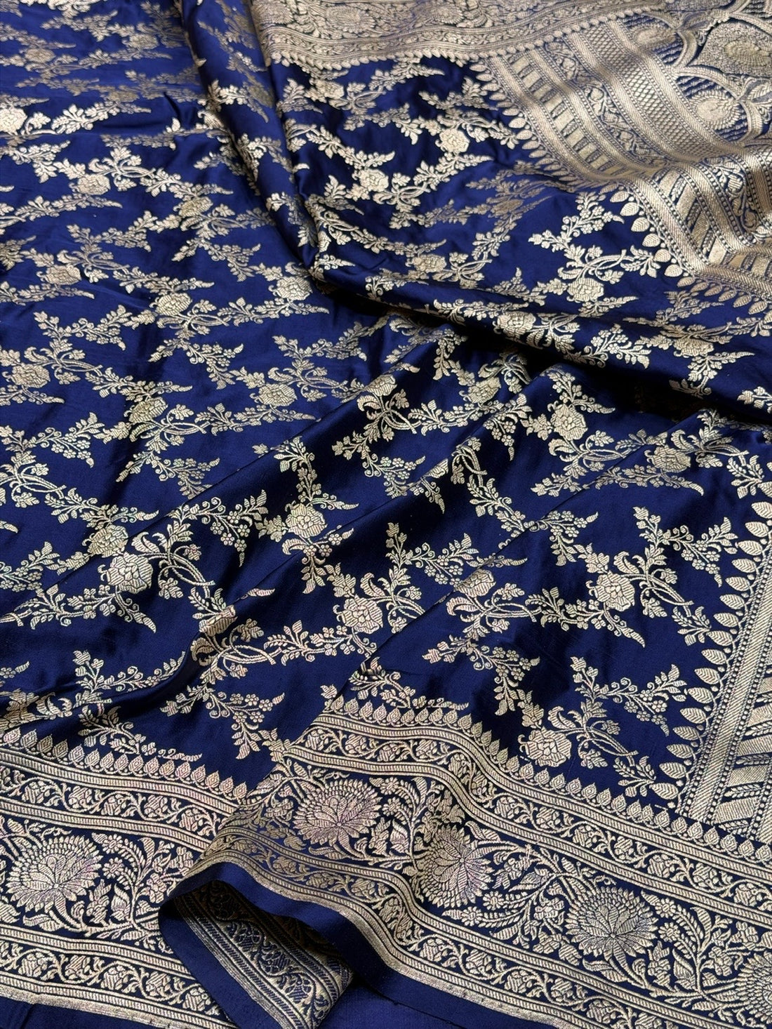 Navy Blue Handwoven Vintage Pure Banarasi Satin Silk Saree