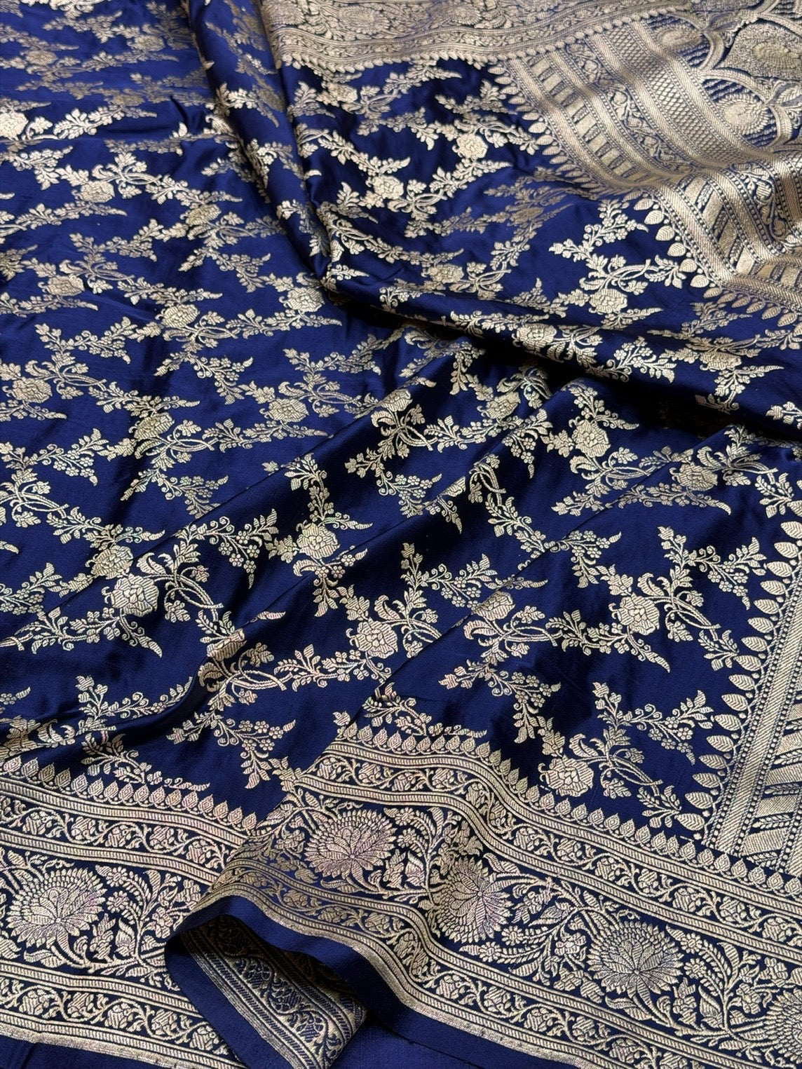 Navy Blue Handwoven Vintage Pure Banarasi Satin Silk Saree