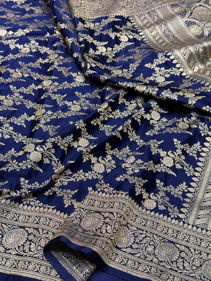 Navy Blue Handwoven Vintage Pure Banarasi Satin Silk Saree