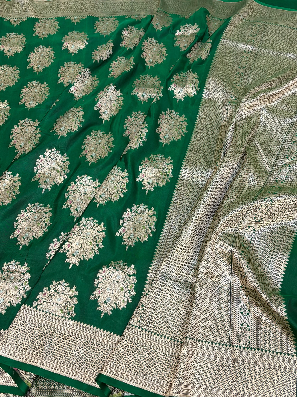 Bottle Green Minakari Banarasi Pure Katan Silk Saree
