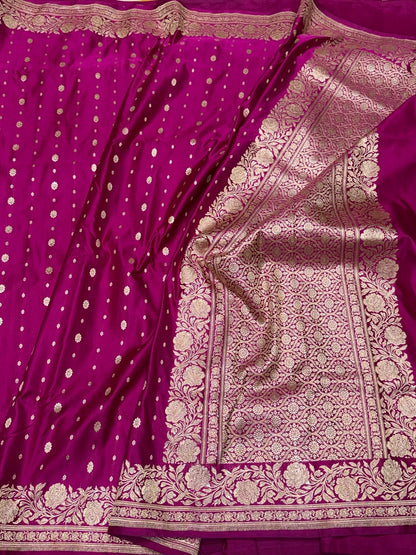 Rani Pink Handwoven Vintage Pure Banarasi Satin Silk Saree