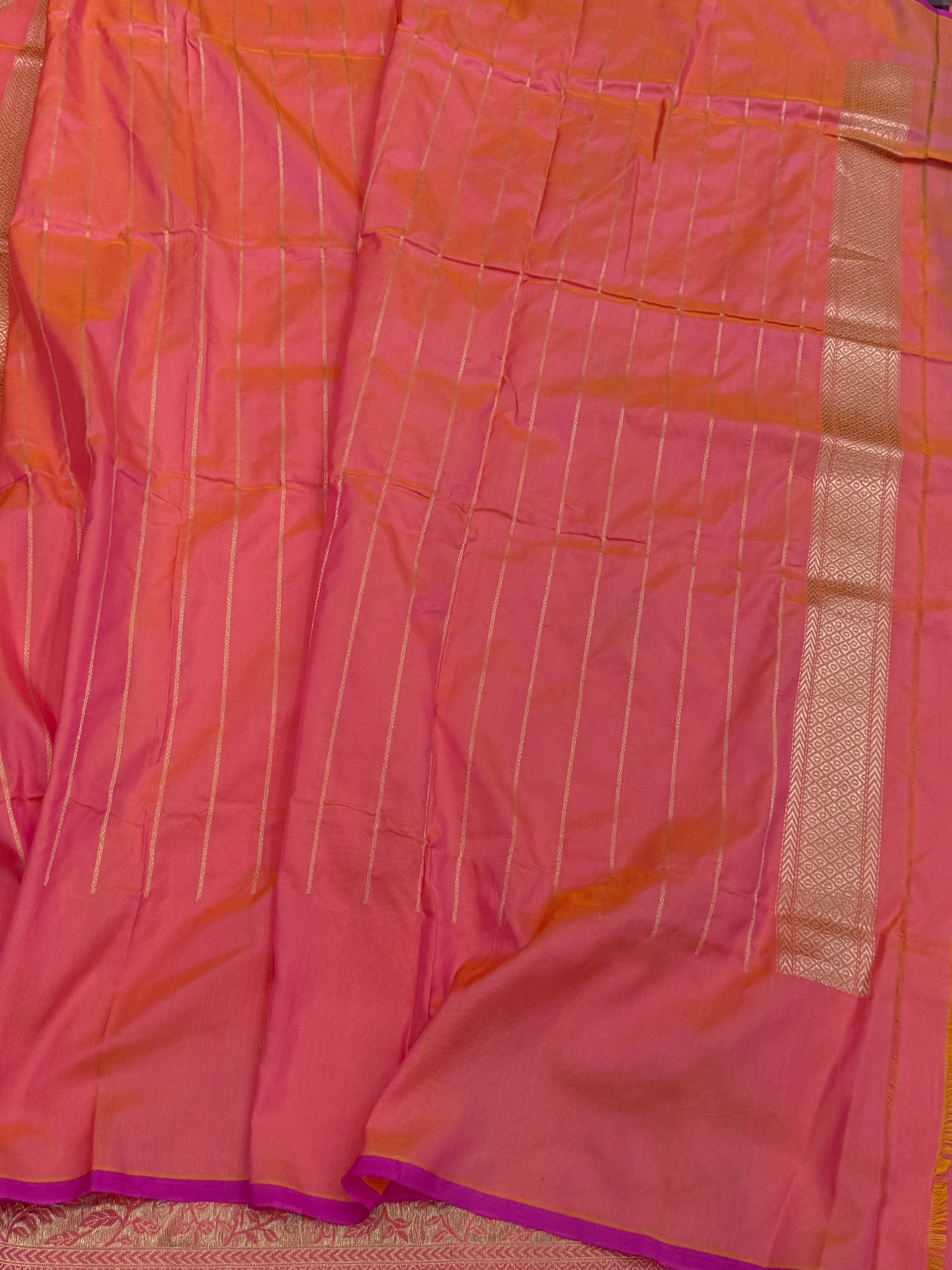 Orangish Pink Handwoven Pure Banarasi Silk Saree – Kadwa Weave in 100% Katan Mulberry Silk