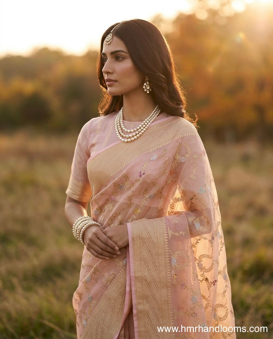 Peach Handwoven Pure Organza Silk Saree