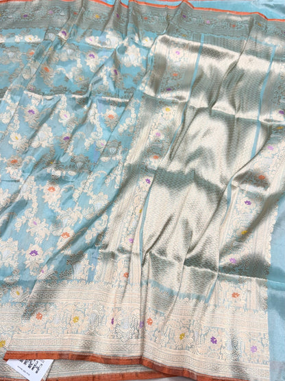 Sky Blue Handwoven Pure Banarasi Tissue Saree