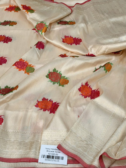 Ivory Handwoven Pure Banarasi Satin Brocade Saree